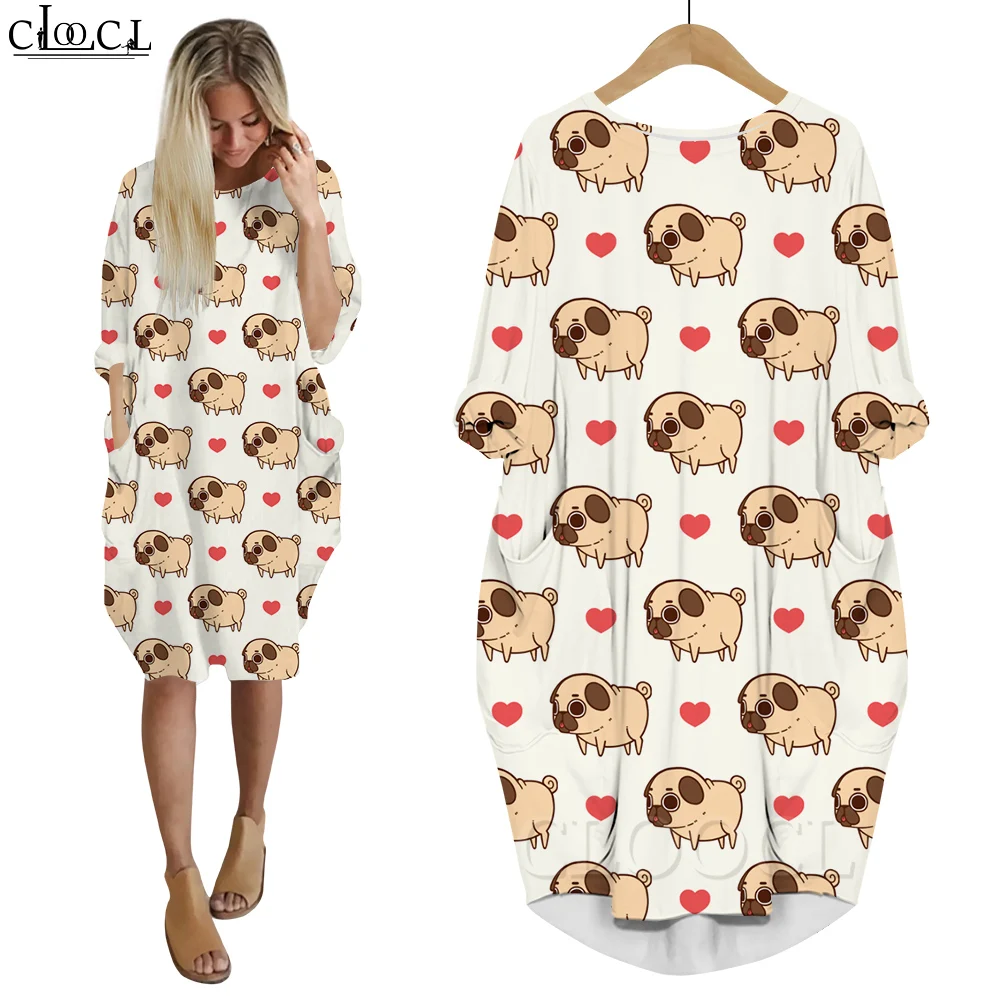 CLOOCL Jurken Lange mouw Slanke losse polyester vestidos Bulldog Digitaal printen Baggy gewaad Mode Oversized shirtjurken