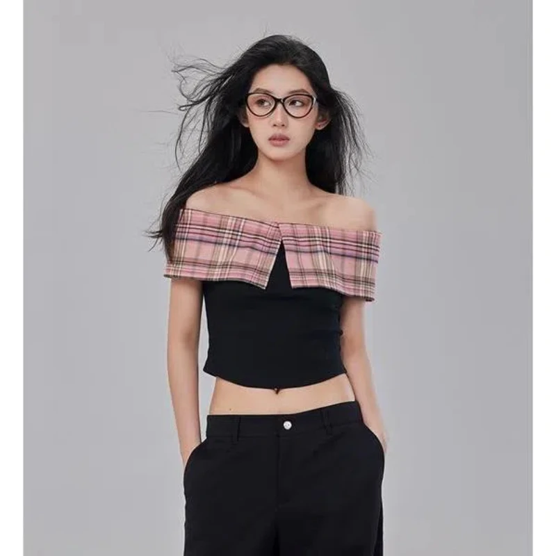 2024 Summer New Design Sense Retro Sweet and Spicy Off Shoulder One Shoulder Top Women's High End Plaid Spliced Slim Fit T-shirt