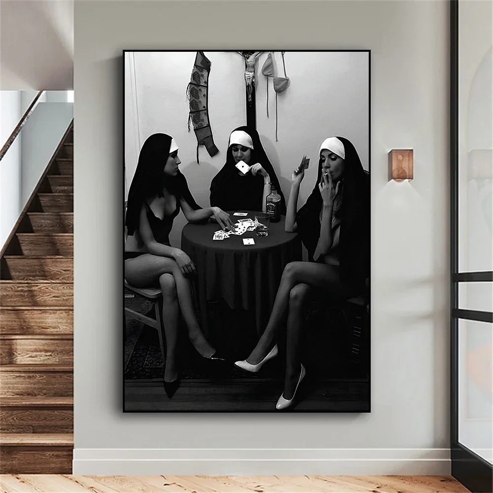 Canvas Painting Smoking Nuns Photo Print Woman Portrait Cigarette Art Poster Sexy Women Black White Vintage Bar Bedroom Decor
