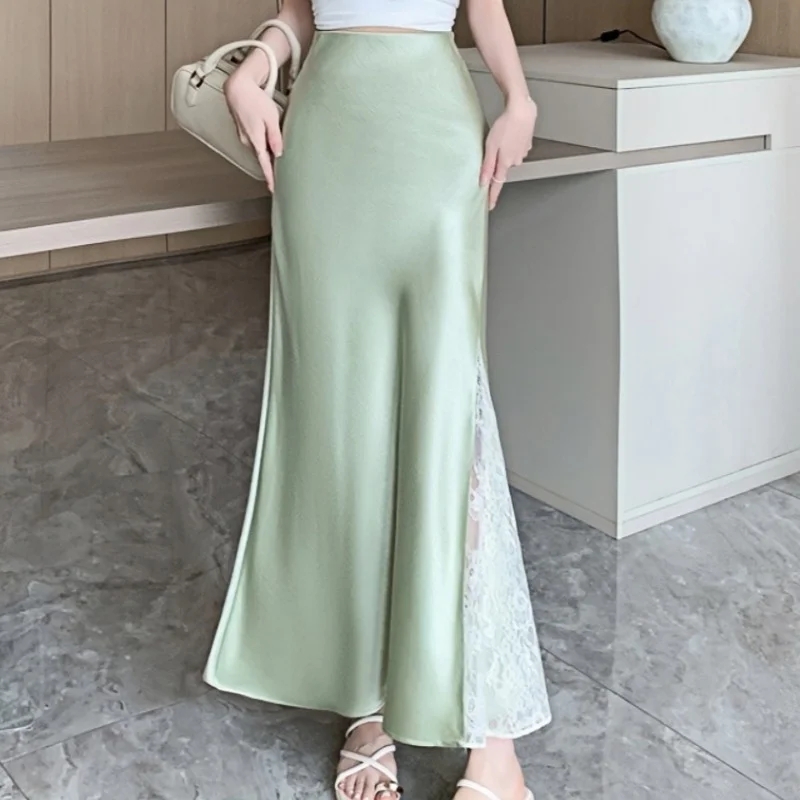 

Seoulish Elegant Lace Patchwork Satin Women's Long Skirts 2025 New Spring Summer High Waist Chinese Style Mermaid Skirts Female
