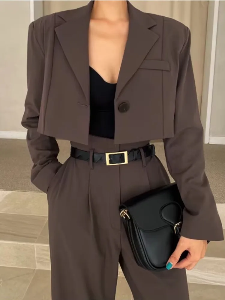 

Chic Retro Lapel ort One-Button Suit Jaet Loose High Waist Wide Leg Pants Set Ele mat Sle Spring Collection