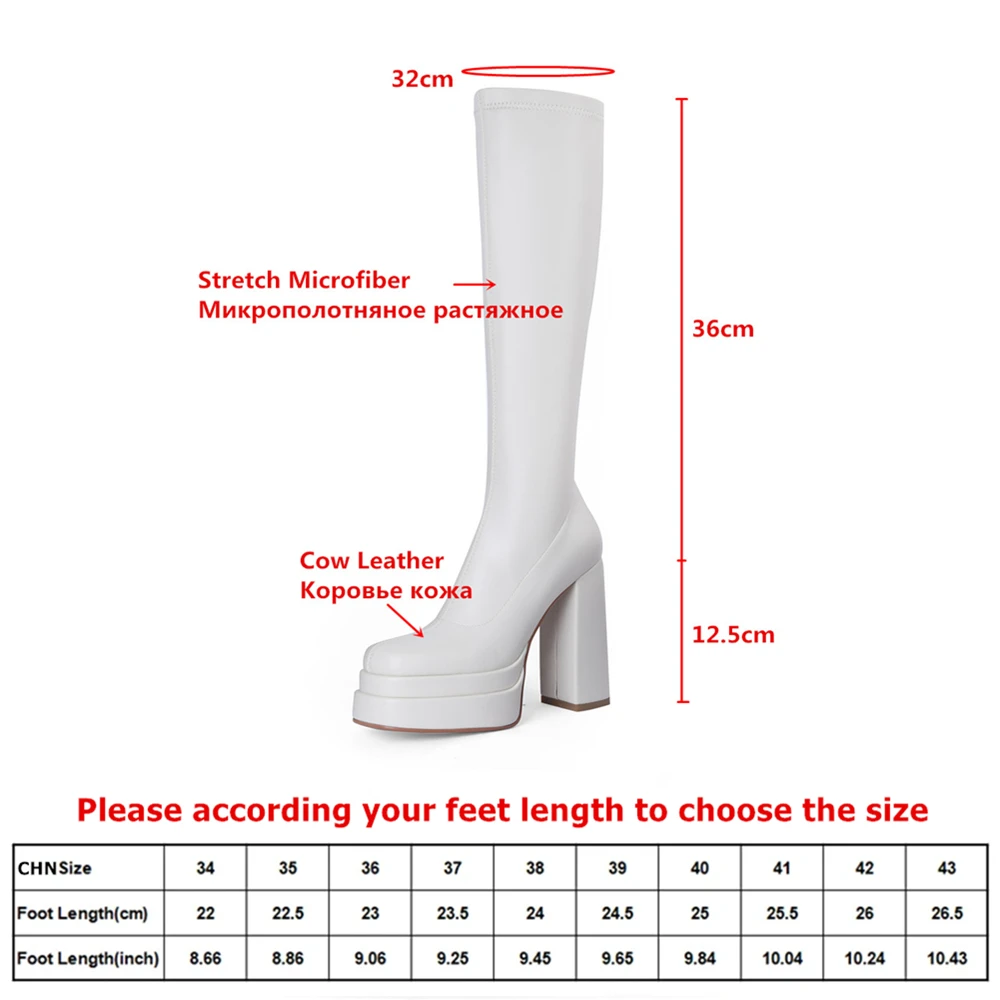 MILI-MIYA Women's Classic Platform Square-Toe Knee-High Boots With Calfskin Upper Stretch Leg Extra-High Chunky Heel Solid Color