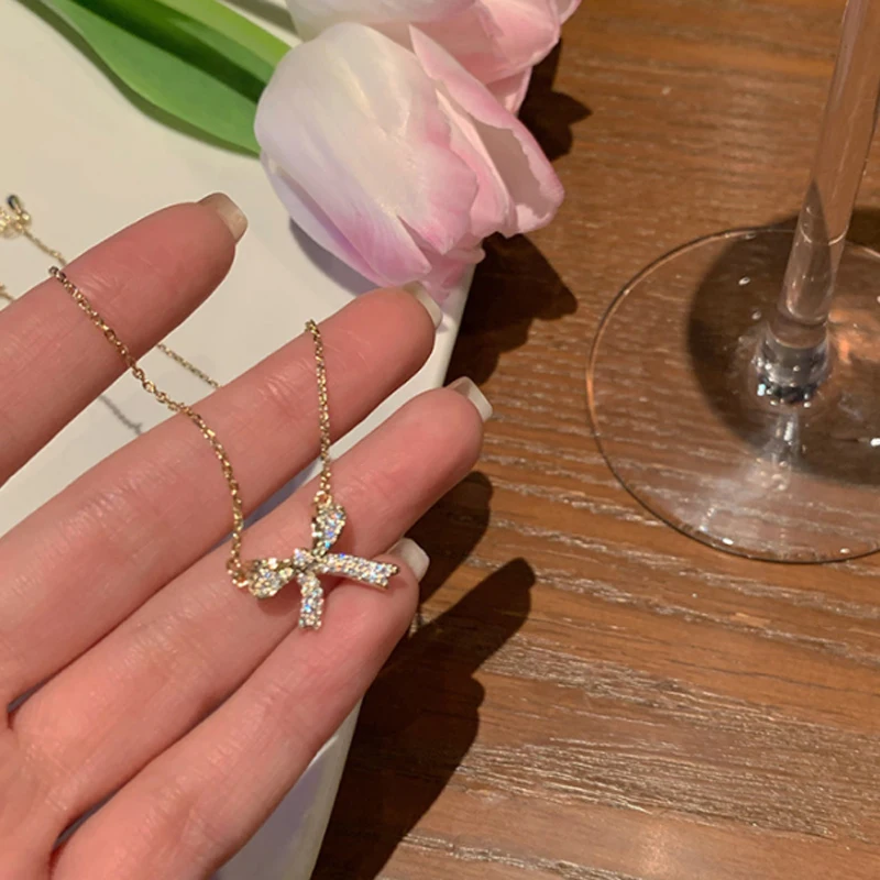 Koreanische Kristall Bowknot Anhänger Halsketten Für Frauen Nette Glänzende Bogen Schlüsselbein Choker Halskette Splitter Ketten Mode Schmuck Geschenke – Detail 14