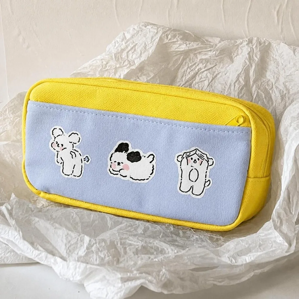 Kawaii Puppy Print Pencil Bag Cute Simple Canvas Pencil Cases Large Capacity Zipper Stationery Pouch Cosmetic Storage Bags Gifts