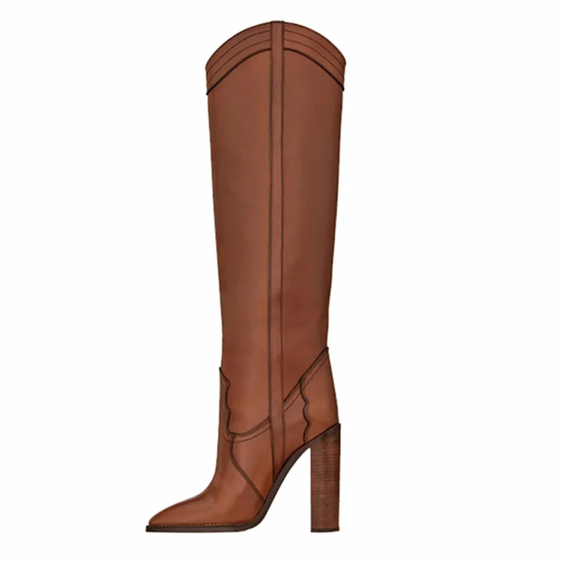 

Large Catwalk Model 2025 Fall New Knee-High Boots High Quality Genuine Leather Long Boots Pointed Square Heel Women Shoes 9.8cm