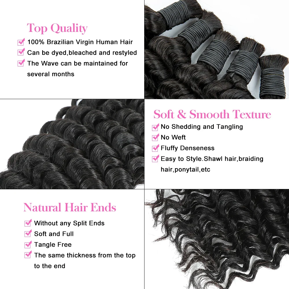 Boho Braiding Hair Extensions Bulk 100% Human Hair Natural Black Deep Curly Hair Extensions Bundles Hair Beauty for Boho Braids