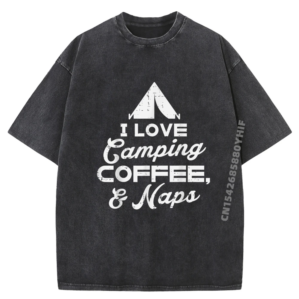 

I Love Camping Coffee Naps Забавный горшок с головой Camper Черные футболки с рисунком Мужские уличные мытые Camisetas Mardi Gras