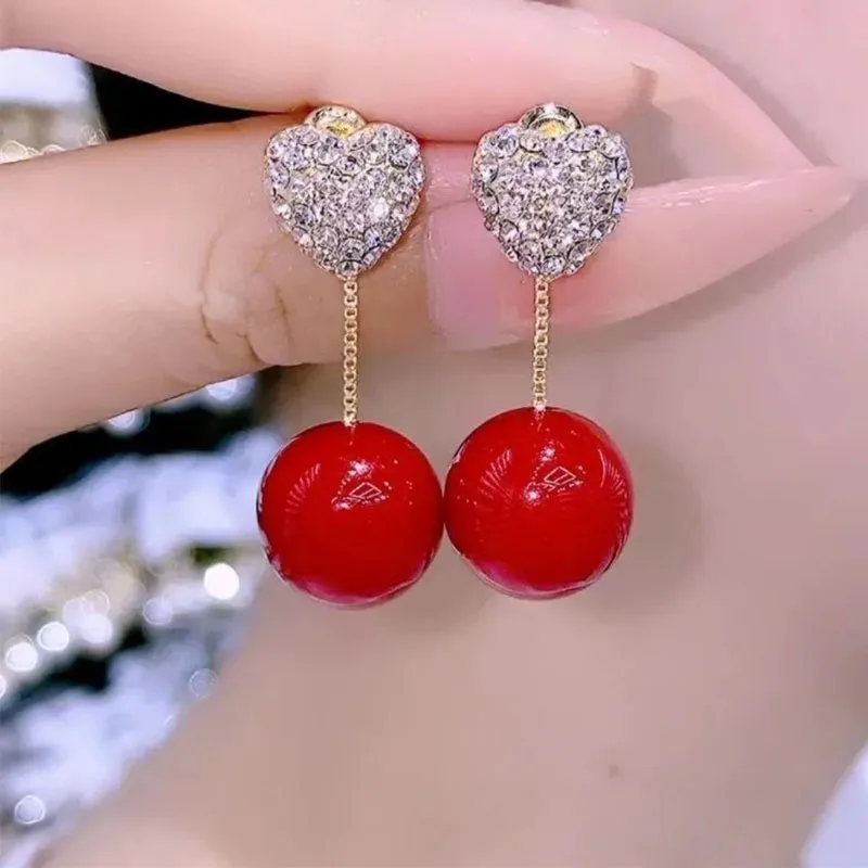 New Pearl Red Shiny Crystal Drop Earring for Women Fancy Colorful Simulated-pearl Long Hoop Earring Party Jewelry Gifts