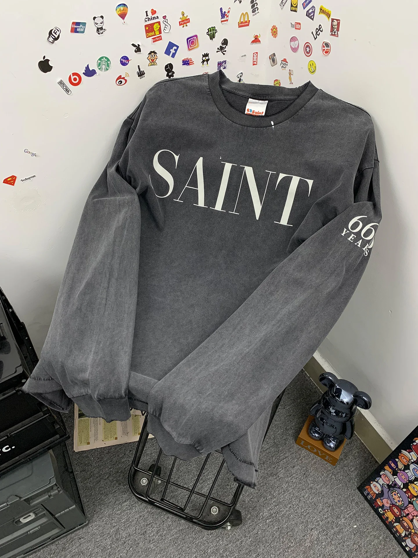 Trendy Heavyweight Washed Vintage Long Sleeve T-Shirt Letter Print Casual Loose Fit Cotton Tee for Men Breathable Comfortable