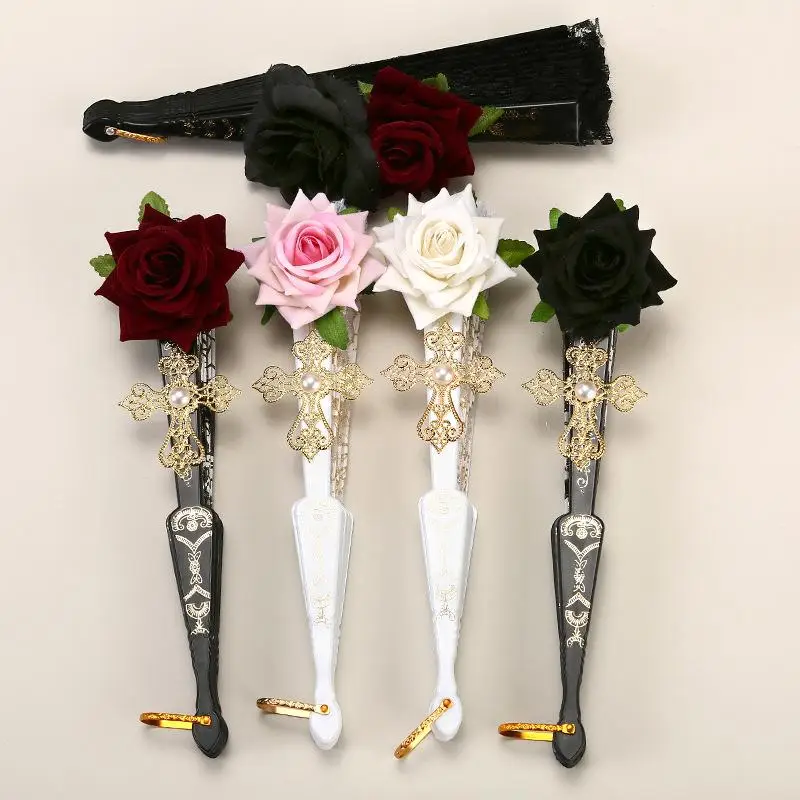 【P】Leque de Renda Feminino Lolita Gótico Vitoriano Vintage Preto Branco Rosa Vermelha Leques de Bambu Cosplay Festa de Halloween Adereço Fotográfico