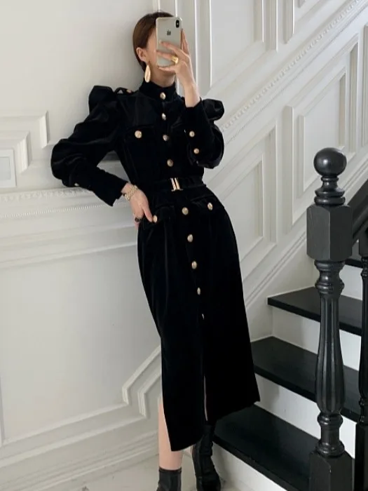 Elegant Velvet Long Dress Women's Fitted A-Line Skirt Single Button Stand Collar Slimming Workwear Style Korean Fashion - view 4