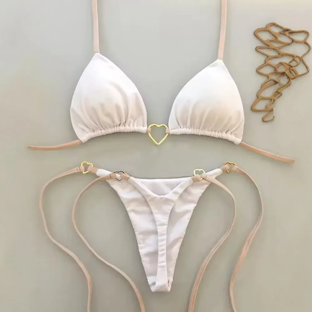 2025 novo europeu e americano amor pescoço reunindo biquíni brasileiro sexy fivela de metal cor sólida dividir maiô transfronteiriço