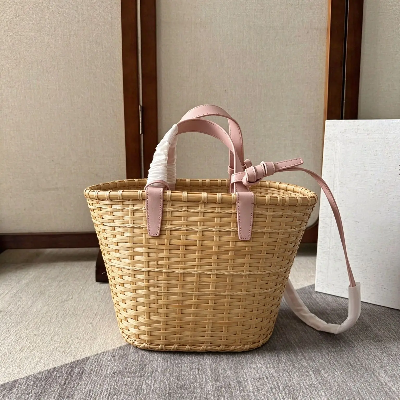 Mini Basket Bag Beige Pink Leather Handle Handbag Crossbody Purse Ladies Casual Tote Bag