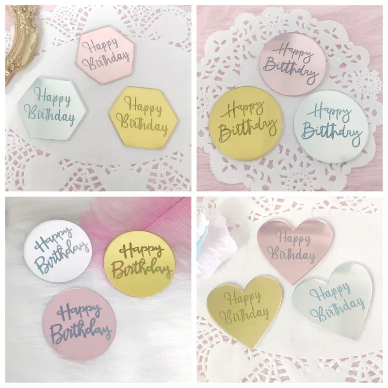 10pcs Acrylic Happy Birthday Cake Toppers Round Mirror Silver Rose Gold Engrave Birthday Cupcake Topper DIY Cake Decor Supply