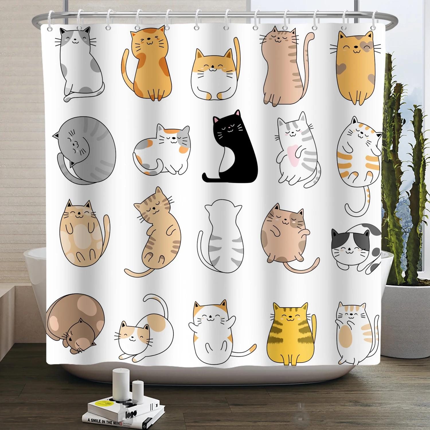 Cartoon Cat Shower Curtain Funny Animal Cute Cat Dog Kids Print Waterproof Bath Bathroom Shower Curtains Decoration with Hooks