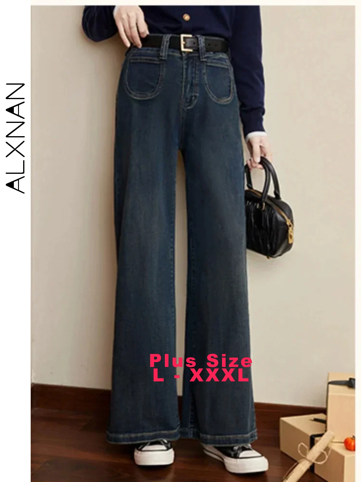 

ALXNAN Women's Vintage Plus Size Jeans 2024 Fall Winter New Thickness Loose Straight Softener Lady Wide Leg Denim Pants D072017