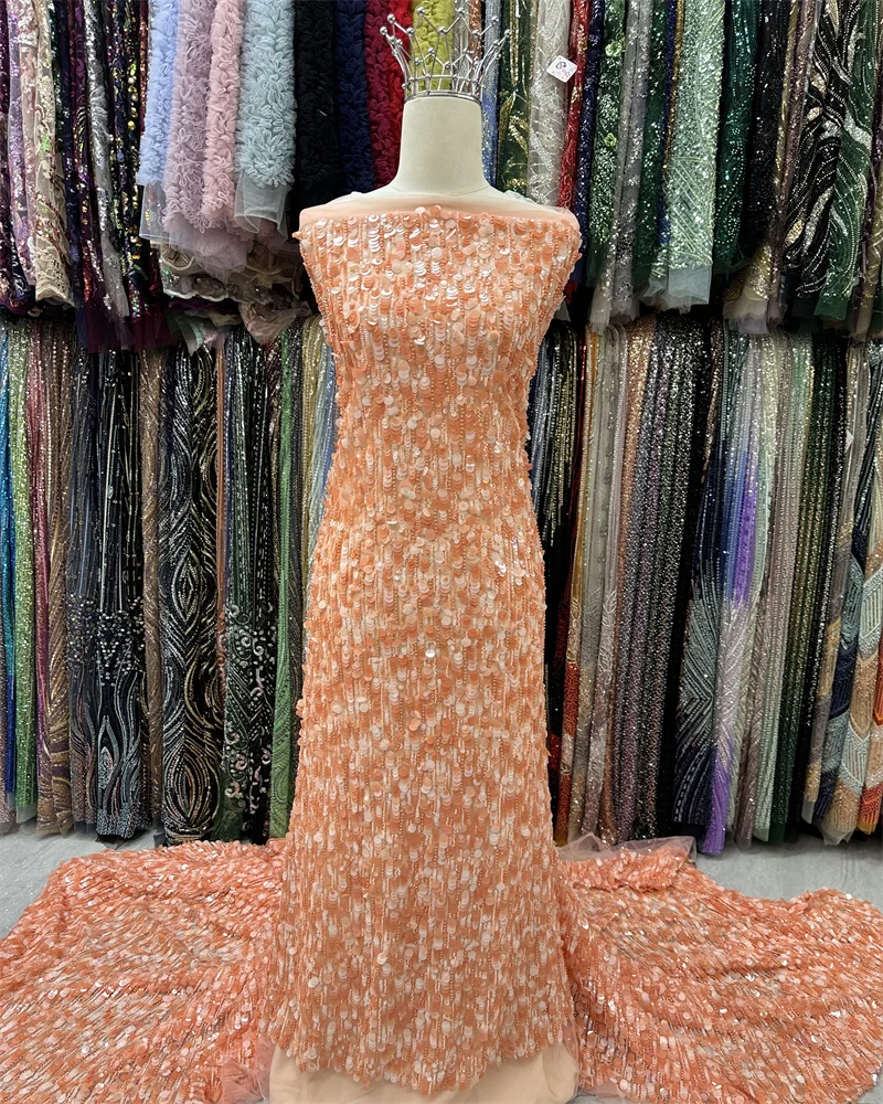 

African French Beaded Lace Fabric 2025 High Quality Lace Embroidered Nigerian 3d Sequins Tulle Lace 5 Yards For Sew Party Dress