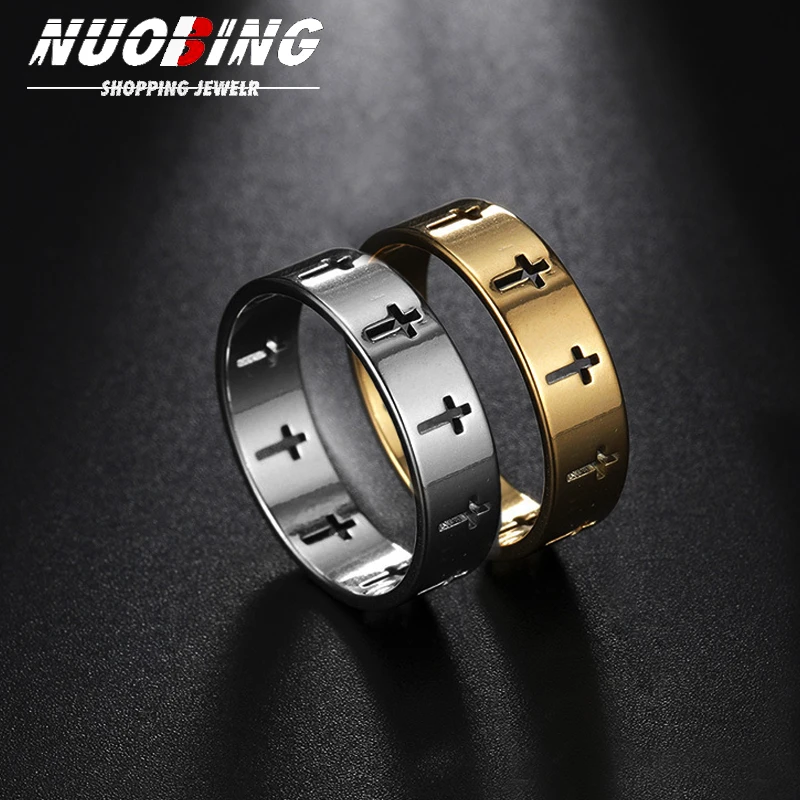 

2024 Gothic Hollow Cross Men's Ring Women Jesus Stainless Steel Engagement Couple Rings Jewelry Anniversary Gifts