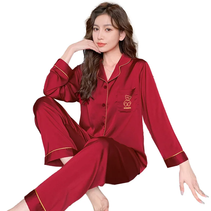 Spring Autumn Women Pajamas Fashion Women\'s New Red Zodiac Bear Print Pijamas Lapel Leisure Sleepwear Satin Silk Home Clothing