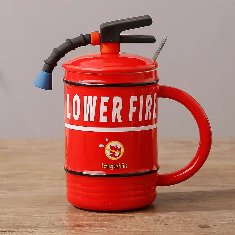 Creative Fire Extinguisher Ceramic Mug With Lid And Spoon Funny Milk Coffee Cup With Handle Gift For Firefighter/Kids