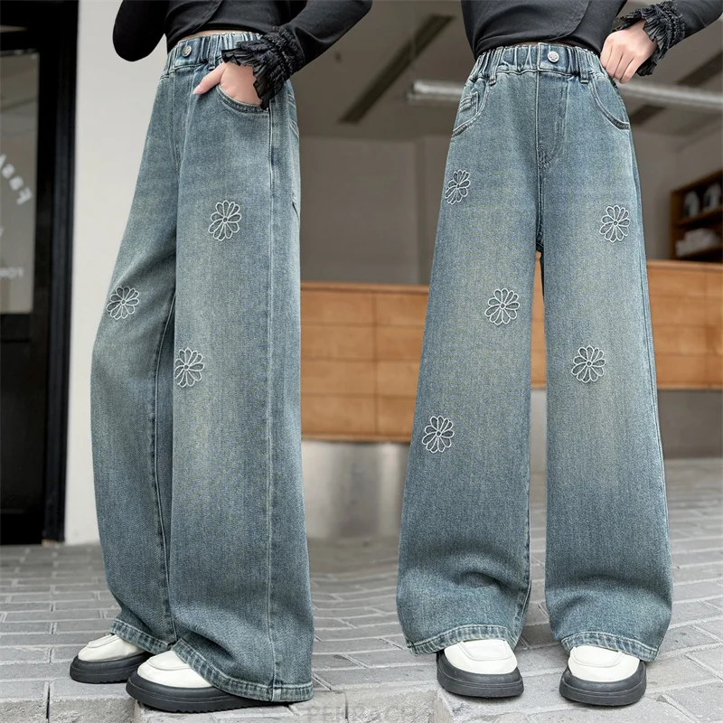 

American Style Kids Child Wide Leg Flower Embroidered Wide Jeans For Teenage Girls y2k Embroidery Design Denim Pants Trousers