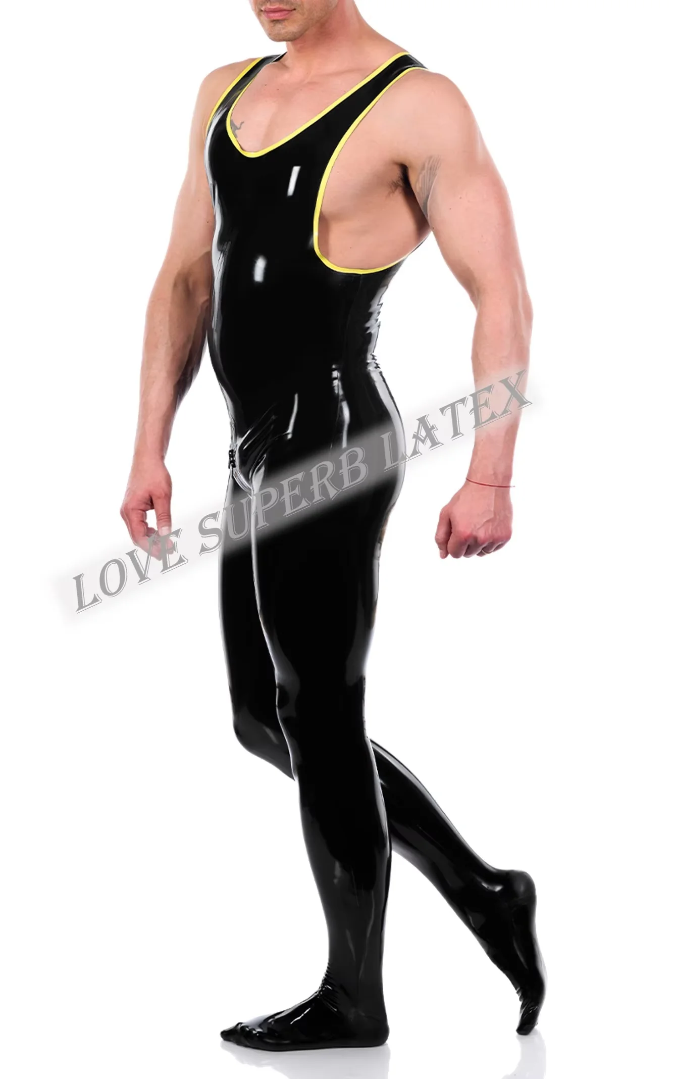 자연 수제 라텍스 Catsuit 블랙 w 옐로우 트림 조끼 고무 뒤 가랑이 지퍼 남성 클럽 착용 점프 슈트 맞춤형