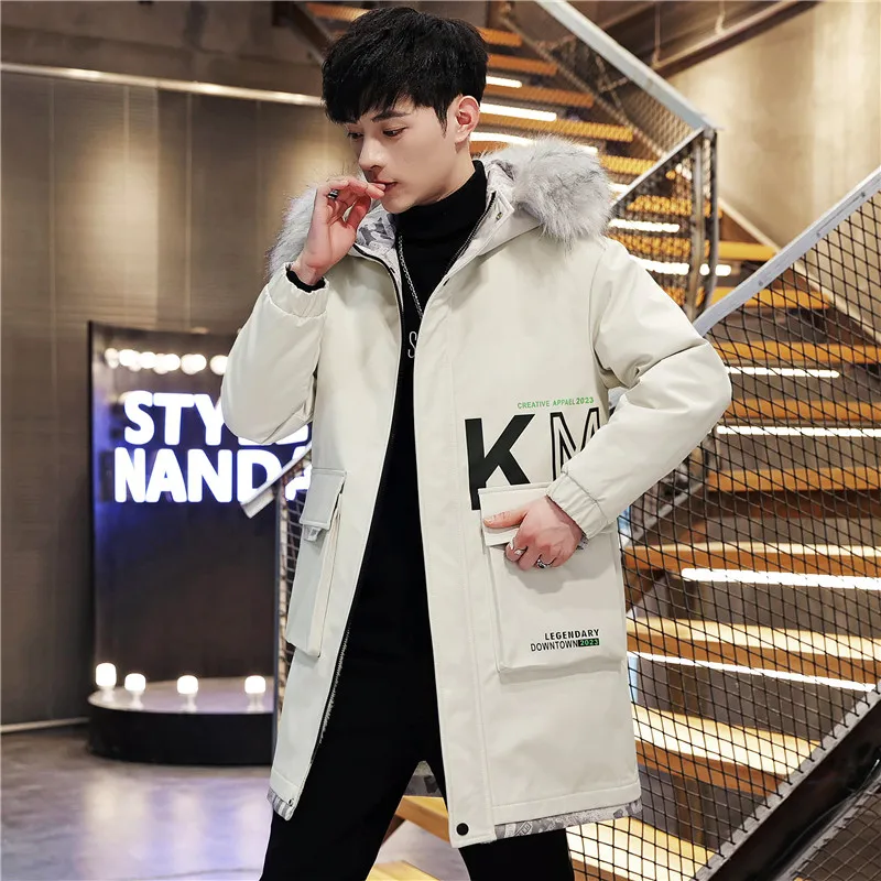 Fashion Men's Mid Length Hooded Autumn Winter Thick Plush Jackets Streetwear Loose Long Fleece Warm Coat Youth Top Padded Parkas