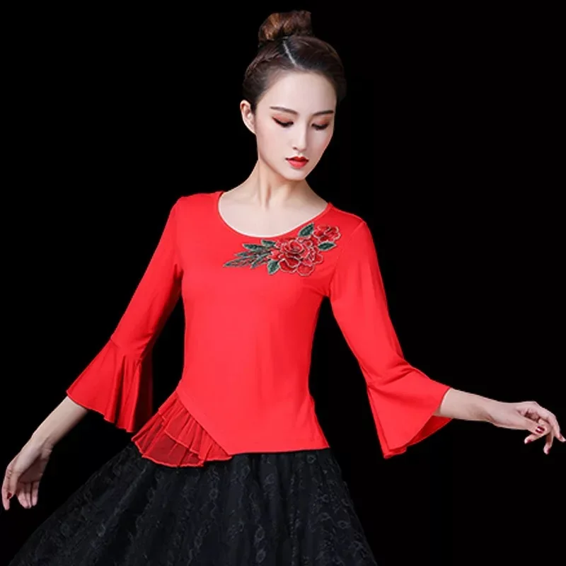 mod-刺繍トップス-レディース-スクエアダンス-パフォーマンス用-花柄-スリムフィット-7分袖-長袖-フィットネス-ヨガ