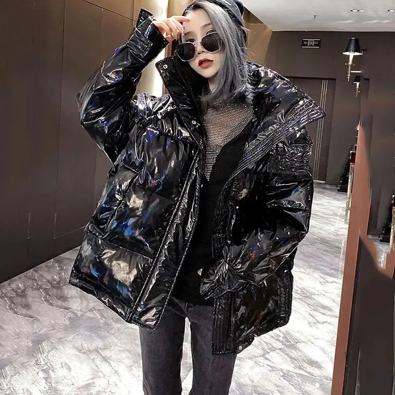 

New Fashion Winter Glossy Down Cotton Padded Jacket Casual Women Thick Bright Black Laser Jackets Female Hooded Parkas Outerwear