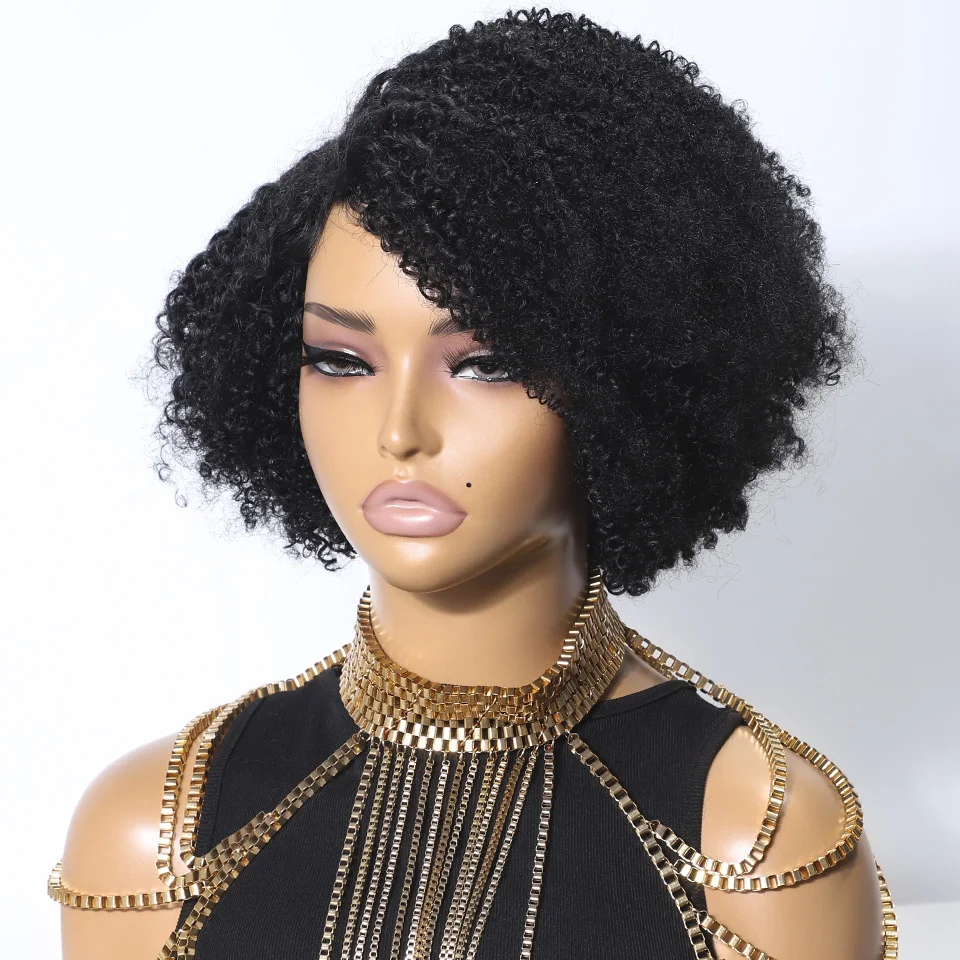 Lekker Short Pixie Cut Curly Bob Side Part Lace Human Hair Peruki Dla Kobiet Brazylijskie Włosy Remy Gotowa do Noszenia Naturalna Ciemna Peruka 10"