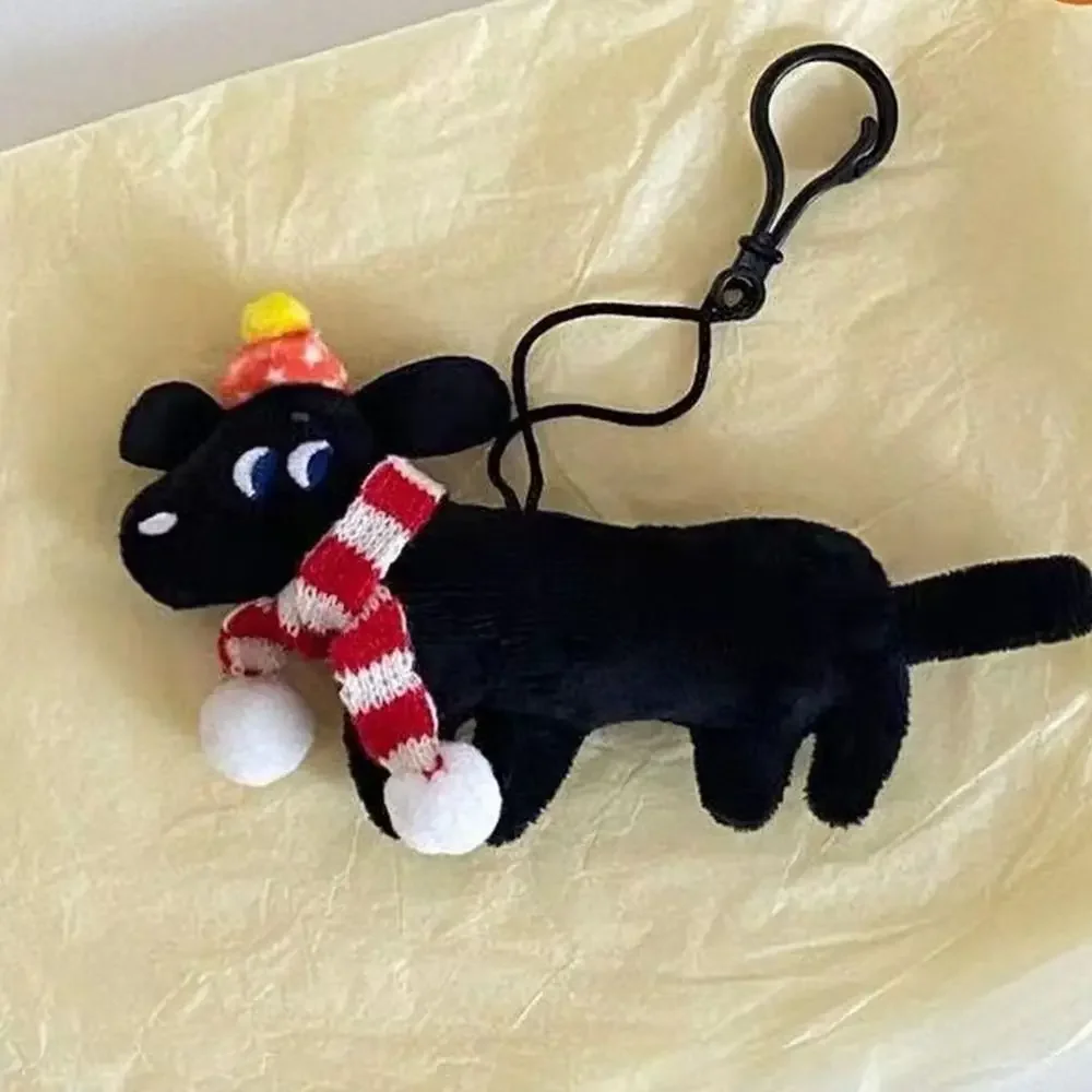 Cartoon Christmas Black Puppy Key Chain with Scarf Student Funny Backpack Pendant Kawaii Plush Animal Keyring