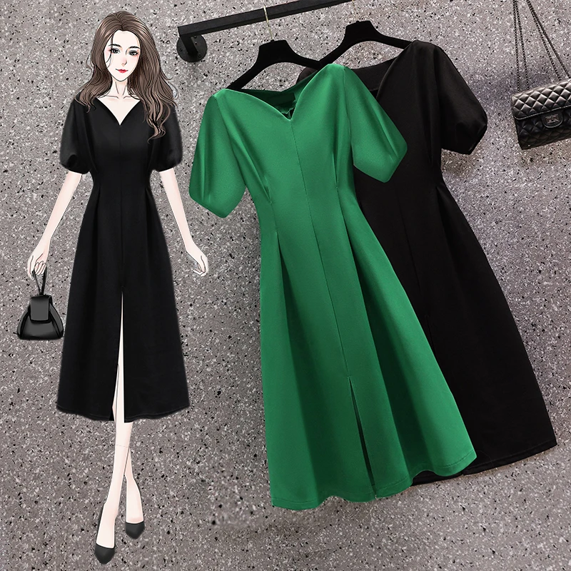 2022 Summer Vintage Elegant Party Dress Puff Short Sleeve V Neck Fashion Split Knee Dresses For Women Female Plus Size Clothing