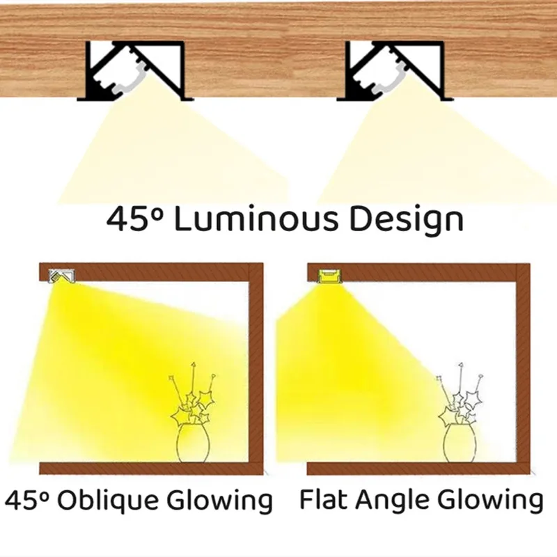 Barra de luz dura de iluminación oculta de 45 grados, canal de luz de fondo de perfil de aluminio empotrado Invisible con cubierta lechosa para