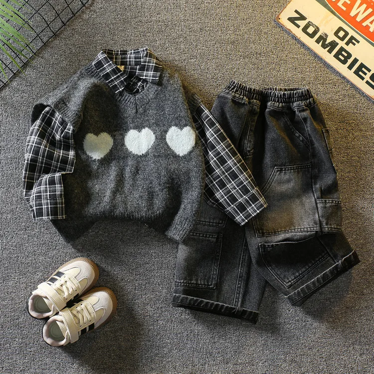 

Autumn new 2025 Toddler 2-9 Years boy suit Long Sleeve Plaid Shirt Tops Korean version baby boy shirt vest jeans three-piece set