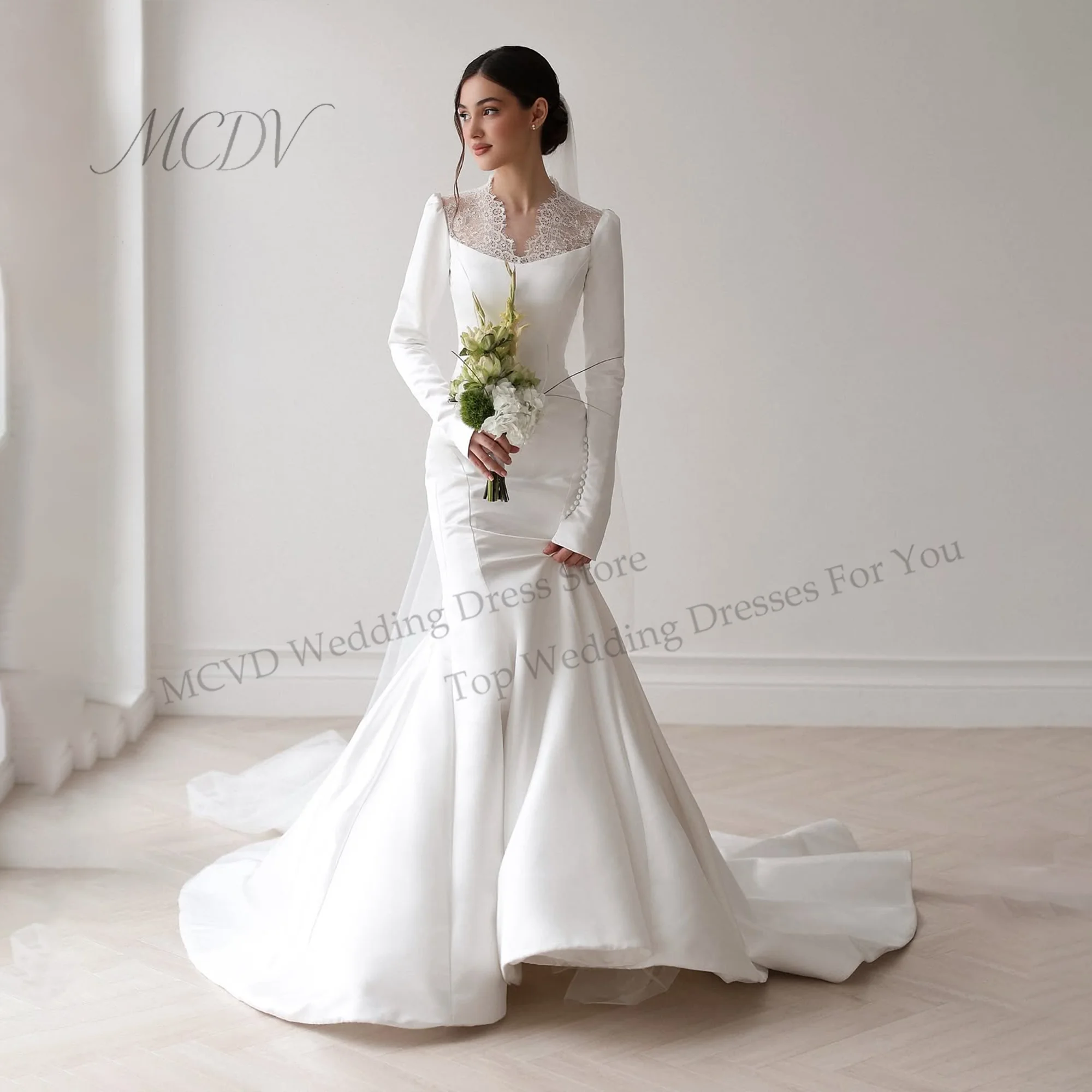 Elegant V-Neck Satin Wedding Dresses Bridal Long Sleeve Sweep Train Zipper Back Mermaid Bridal Gown свадебное платье Customized