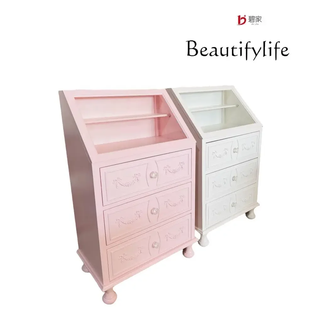 R French Glass Surface Solid Wood Dining Side Cabinet Girl Heart Storage Locker Makeup Jewelry Display Cabinet