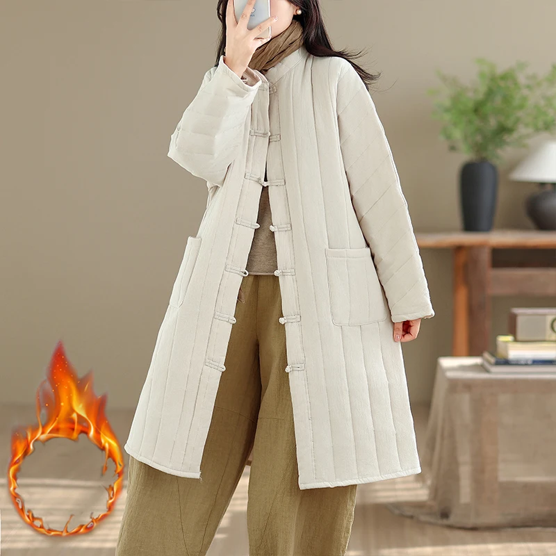 جديد الصينية Sle المرأة Thiened القطن Jaet شتاء جديد الكتان منتصف طول الرجعية زر القطن معطف الركبة طول اللون #3