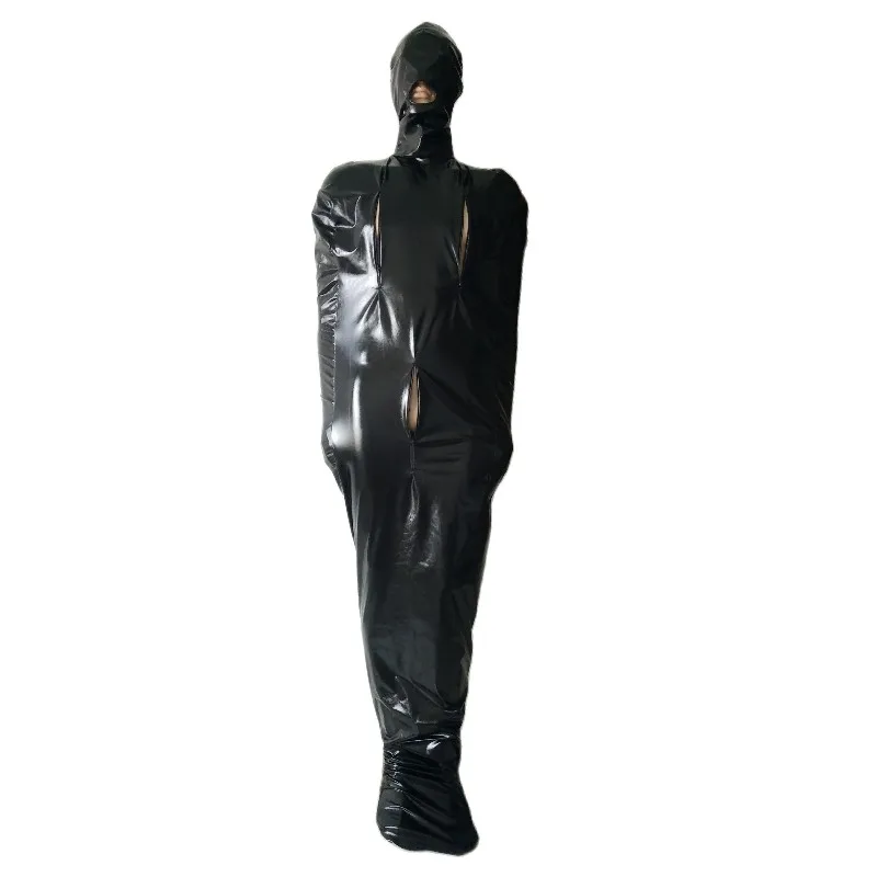 Black Shiny Metallic Mummy Costumes Sleeping Bag have inner sleeves Sexy Catsuit with crotch and breast zipper Halloween Cosplay