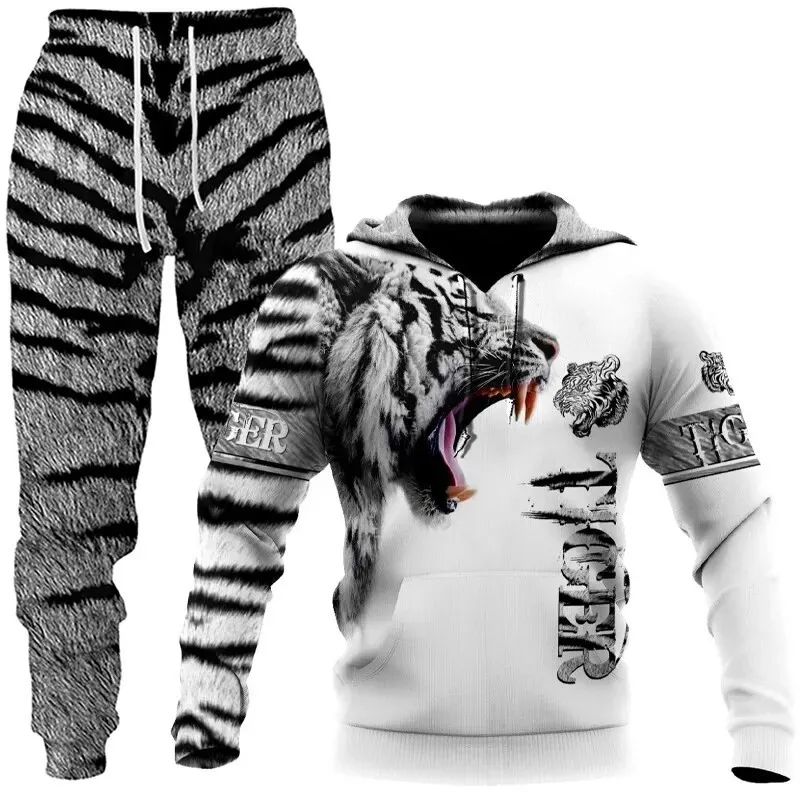 2023 New Men\'s animal ferocious tiger Sweatshirt 3D Printed Men Sportswear pants Two-piece set Autumn fashion Men clothing set