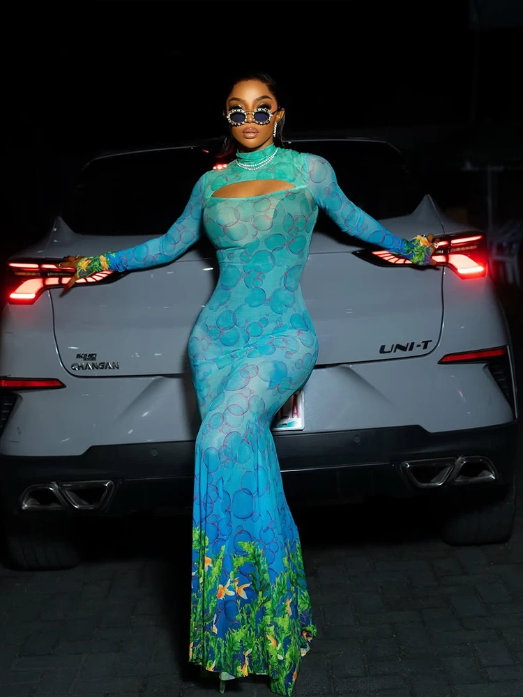 Chatte bizarre voir à travers la robe Sexy femmes creux Hipster imprimé coloré maigre Stretch minuit fête Clubwear queue de poisson moulante