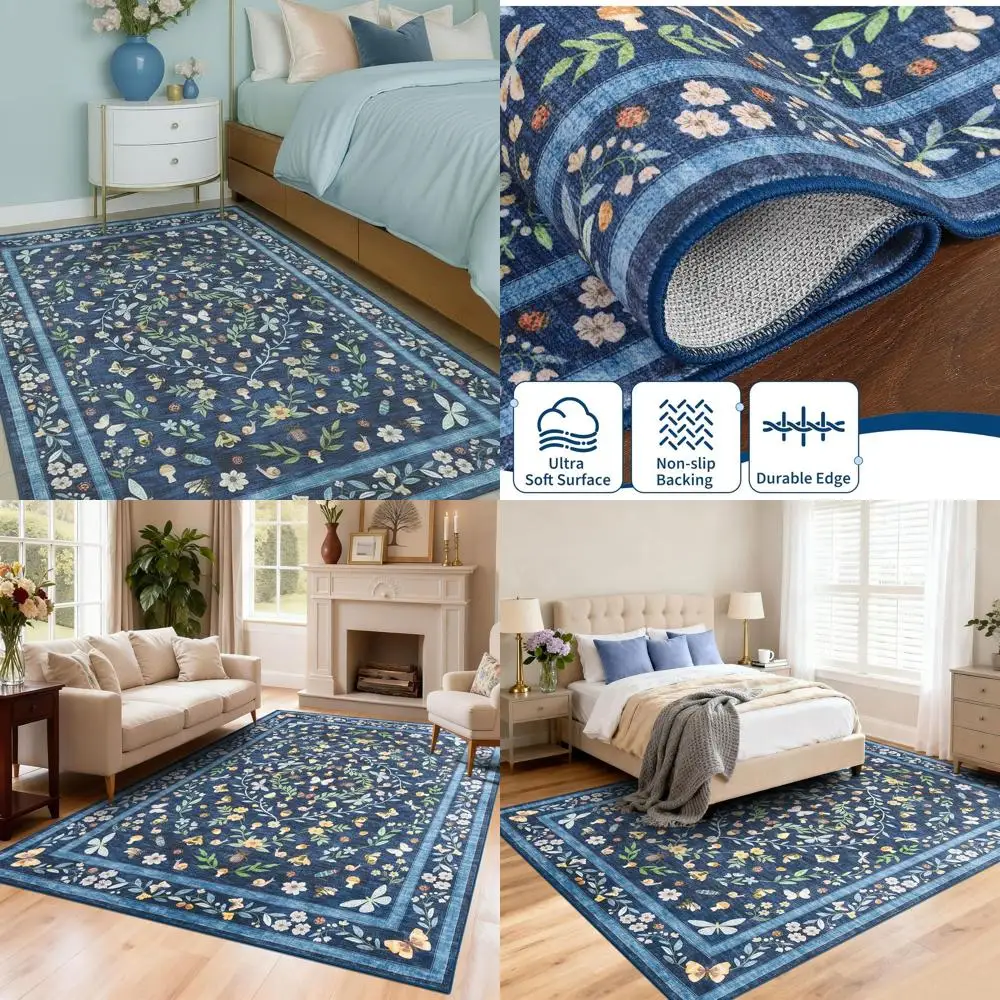 

Ковер 5x7 с винтажным цветочным узором и бабочками - нескользящий, мягкий, машинная стирка, низкий ворс, устойчивый к пятнам, для гостиной, столовой, спальни