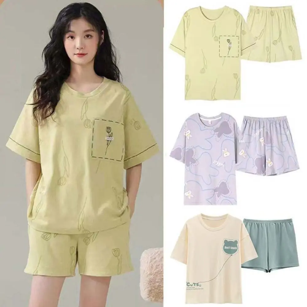

Casual Flower Cotton Shorts Pajamas Set Bear Rabbit Short Sleeve Women Nightwear Suit Summer Loose Cartoon Cotton Pajamas Home