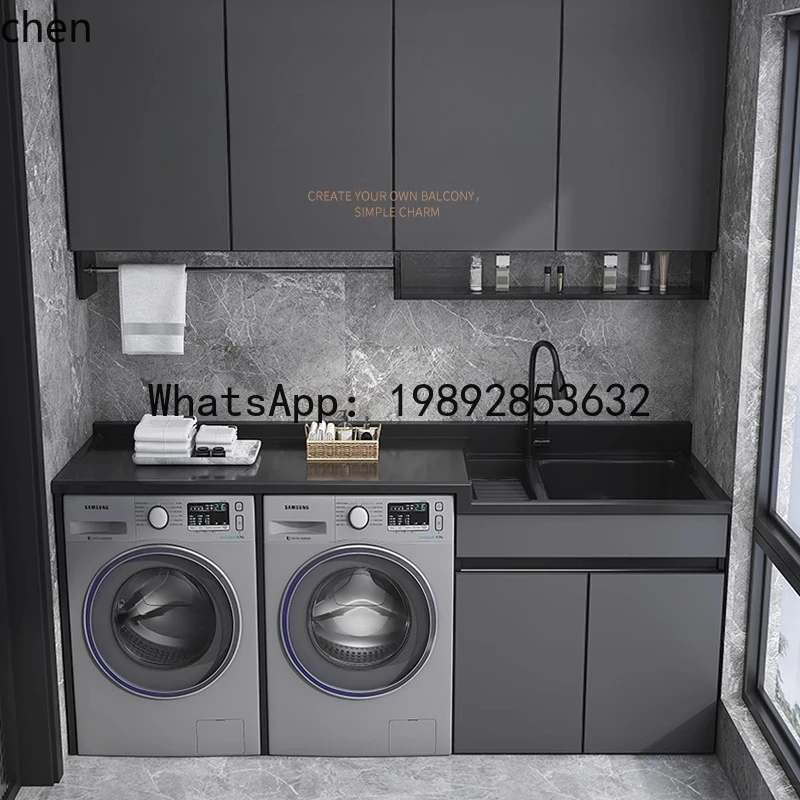 FF Space Aluminum Washing Machine Cabinet High And Low Basin Laundry Cabinet With Washboard