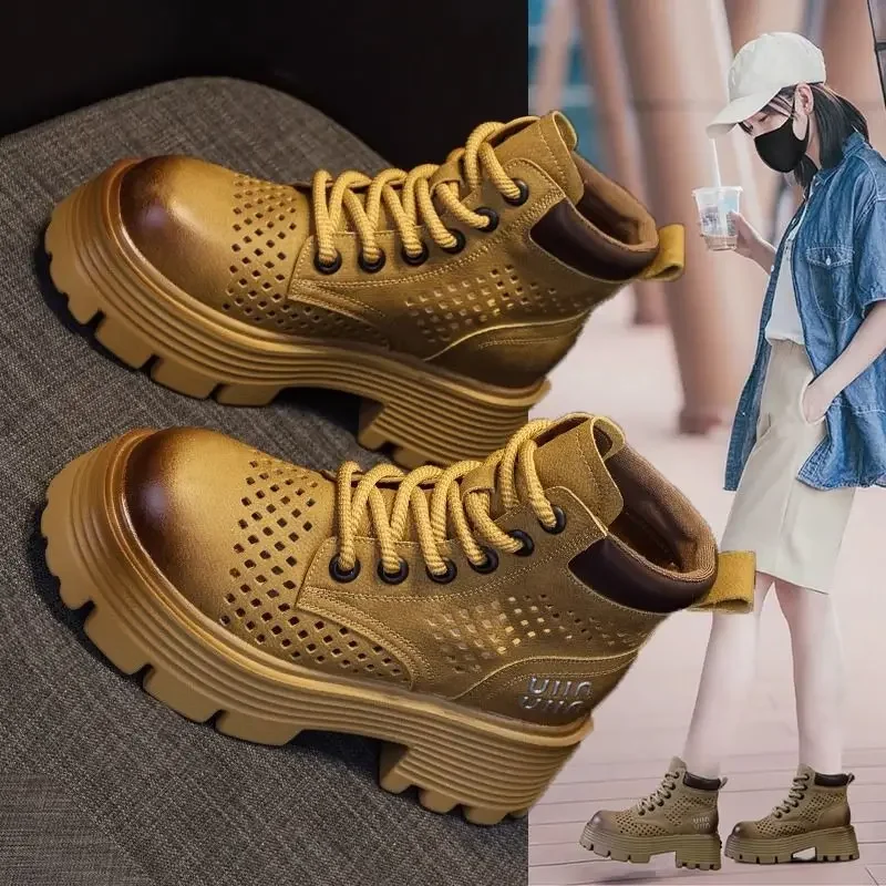 Women's Summer Thin 2024 New Height Increasing Insole Hollow-out Sandal Genuine Leather Elevator Boots