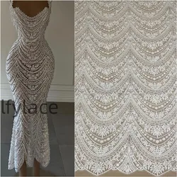 Fashion Wedding Dress Mesh Lace Fabric Off White Clear Sequins Emboidery Lace Fabric Free Shipping 1 Yard