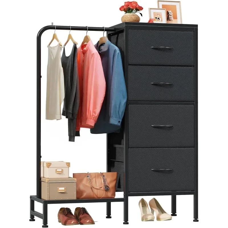 

Dresser with Hanging Rack, 4 Drawers Dresser for Bedroom, Reversable Fabric Dresser for Closet with Clothes Rack, Sturdy Frame