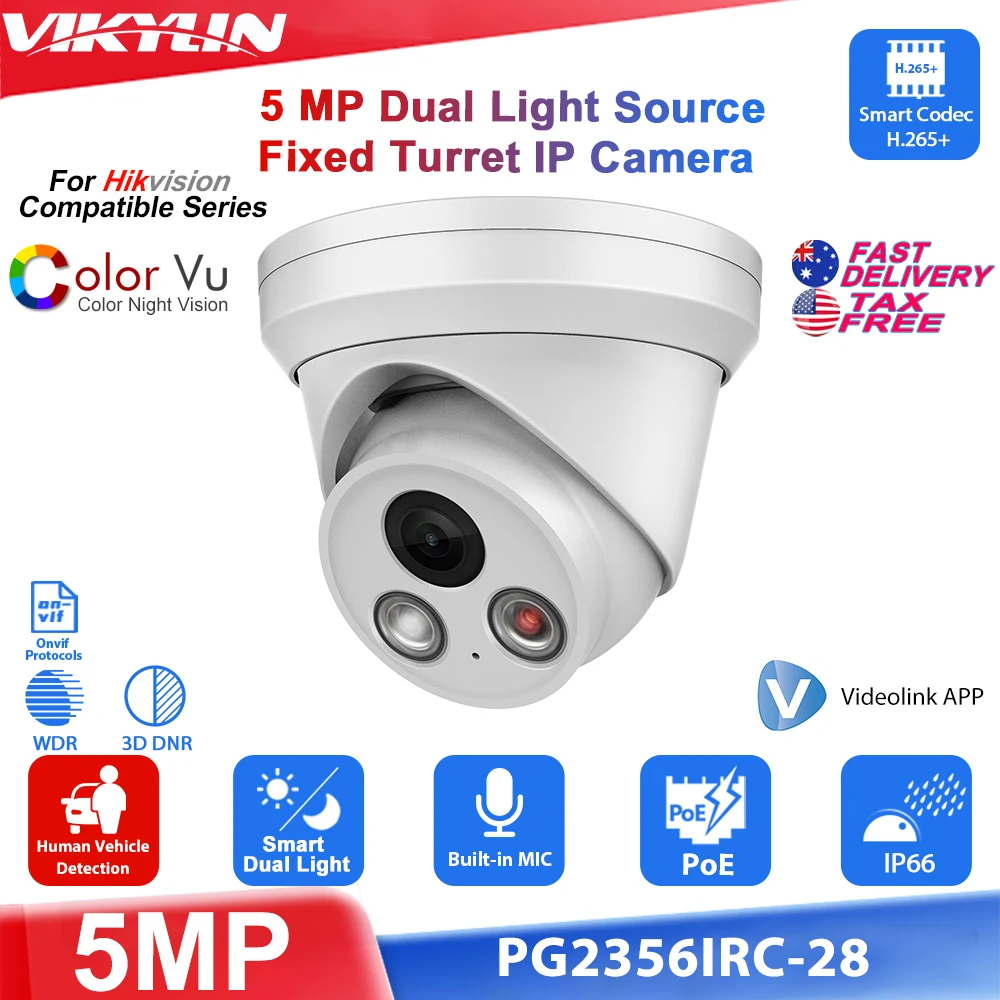 Vikylin 2.8mm Lens 5 MP Full Color Night Vision IP Camera for Hikvision Compatible Dual Light Source Human Vehicle Detection MIC