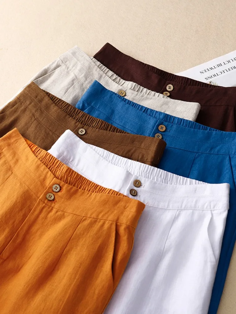 Letnie damskie spodnie z wysokim stanem, szerokie nogawki, lniane, luźne, codzienne spodnie, wyszczuplające, proste, bawełniano-lniane, długie spodnie typu skinny.