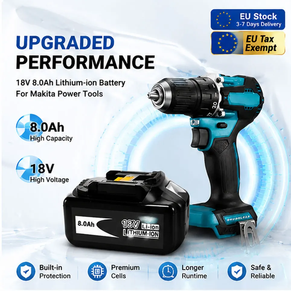 Für Makita DDF487 13mm 18V LXT Lithium-Ionen Kompakter Bürstenloser Akku-Schlagbohrschrauber, wiederaufladbar, für Autoreparaturen, 18V 8.0AH Akku