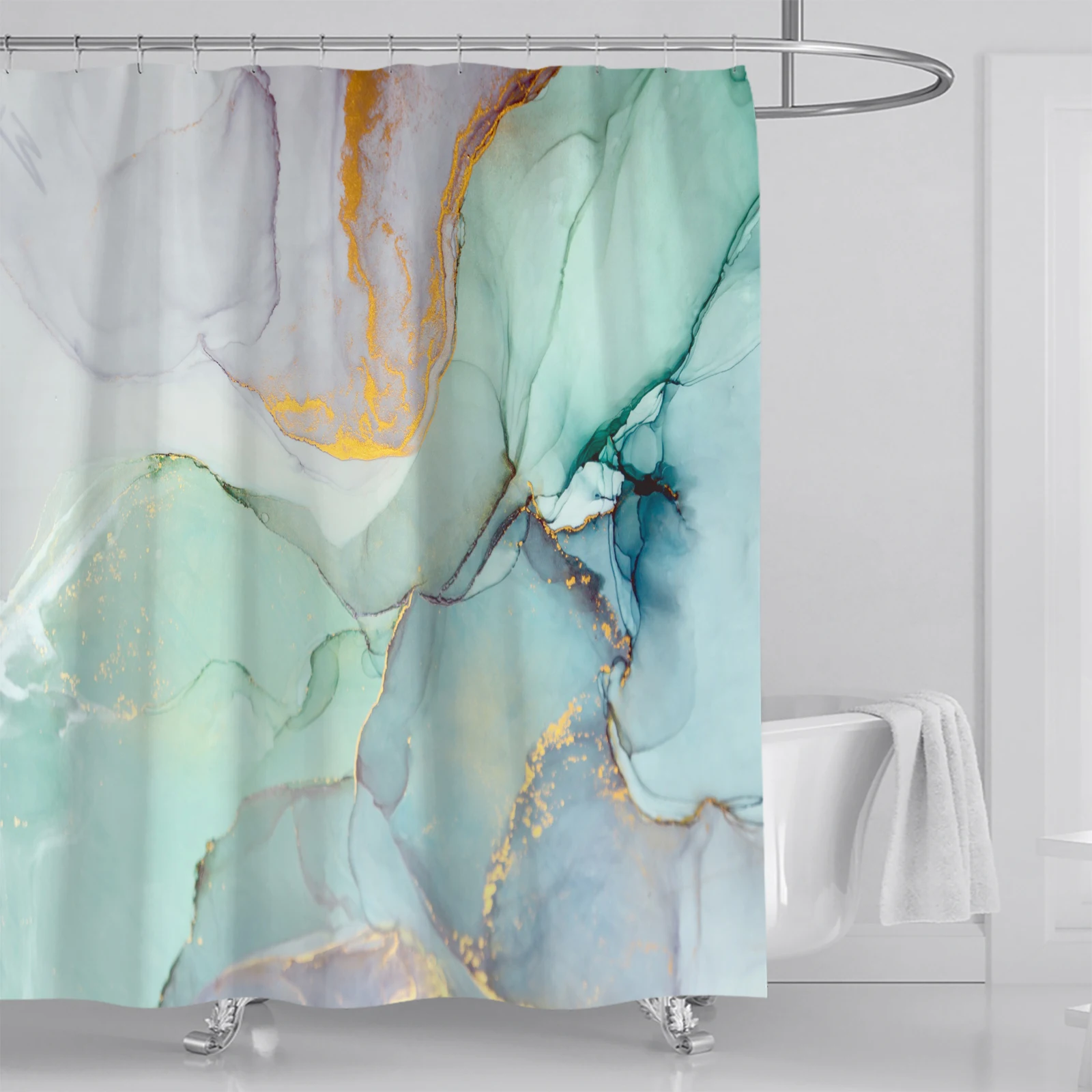 Abstract Marble Shower Curtain Blue Green Purple Jade Texture Gold Stripes Ombre Watercolor Paint, with Hooks